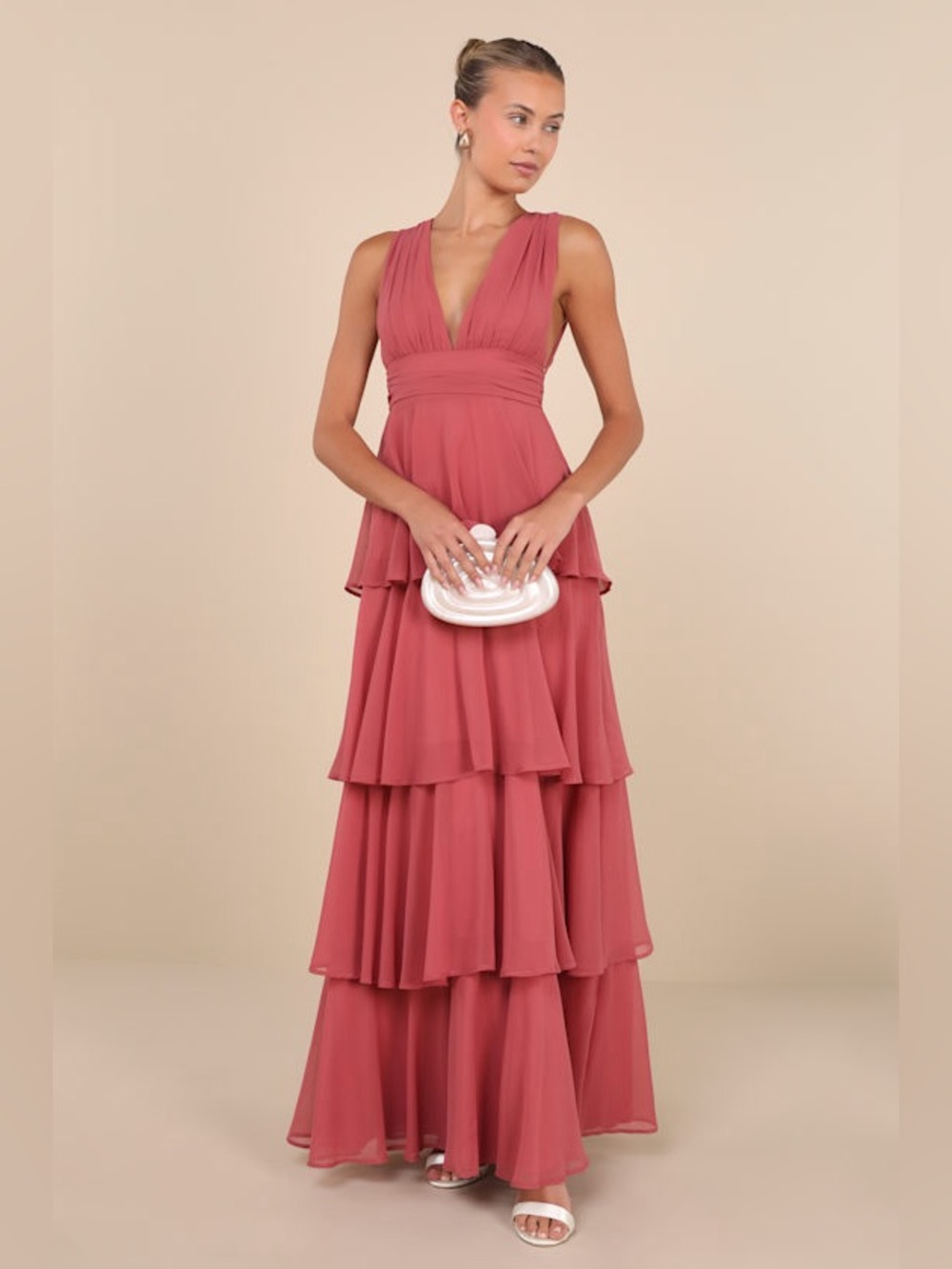 NWT Lulu’s Tiered V-Neck Maxi Dress - Dusty Rose